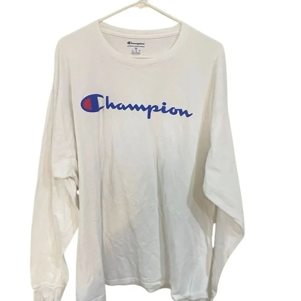 Champion long sleeve 2XL graphic tshirt crew neck white blue